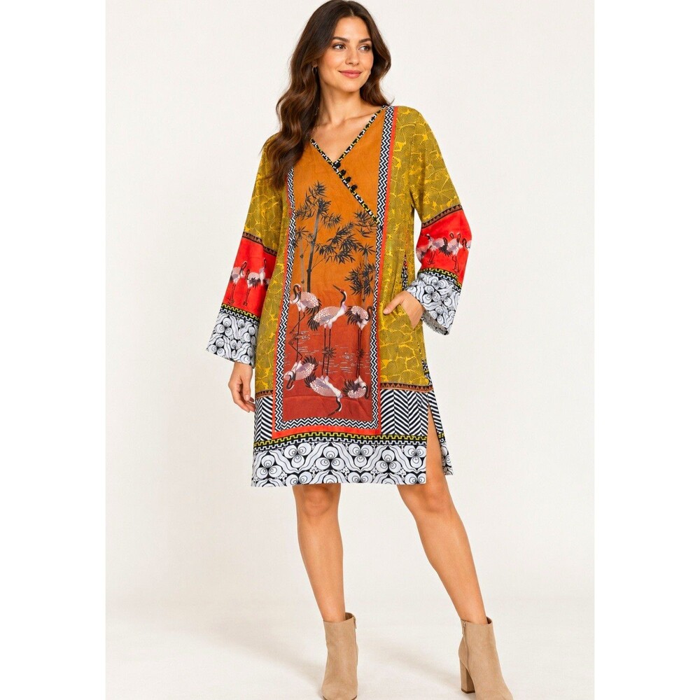Sapphire NWT Kurta Tunic Dress L Crane Bamboo Patchwork Fall Pockets Slits